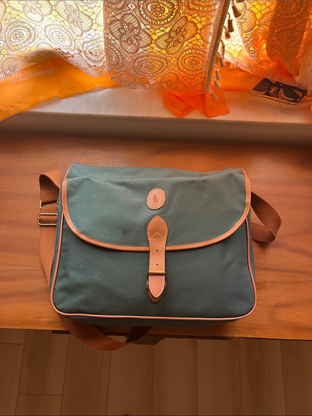 Polo by Ralph Lauren Green Canvas Messenger Bag with Brown Trim